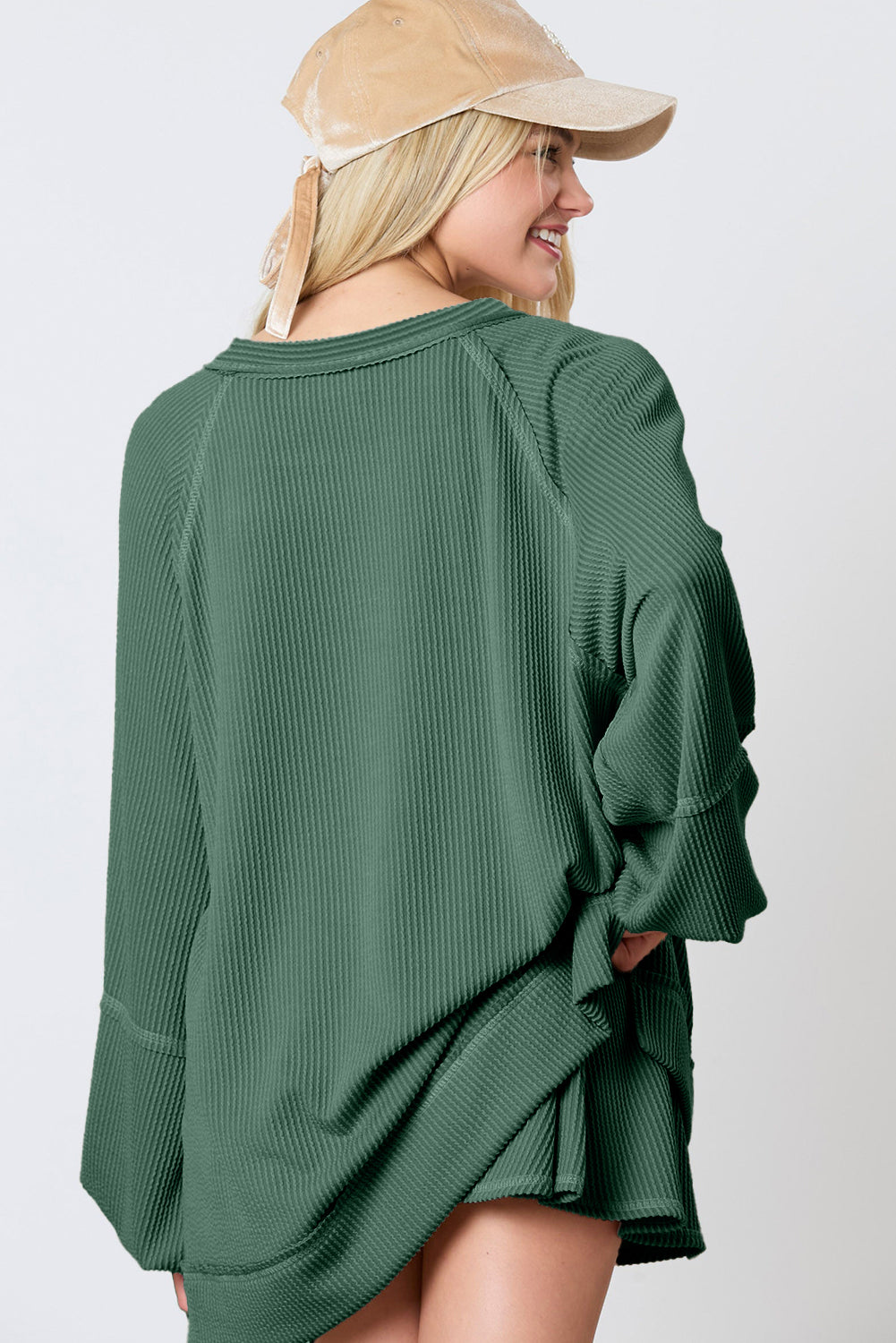 Mist Green Corded Bishop Sleeve Pullover and Ruffle Mini Skirt Set - Velvet Stardust Co.