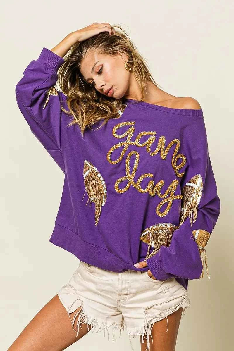 BiBi Sequin Football Patches Game Day Sweatshirt - Velvet Stardust Co.
