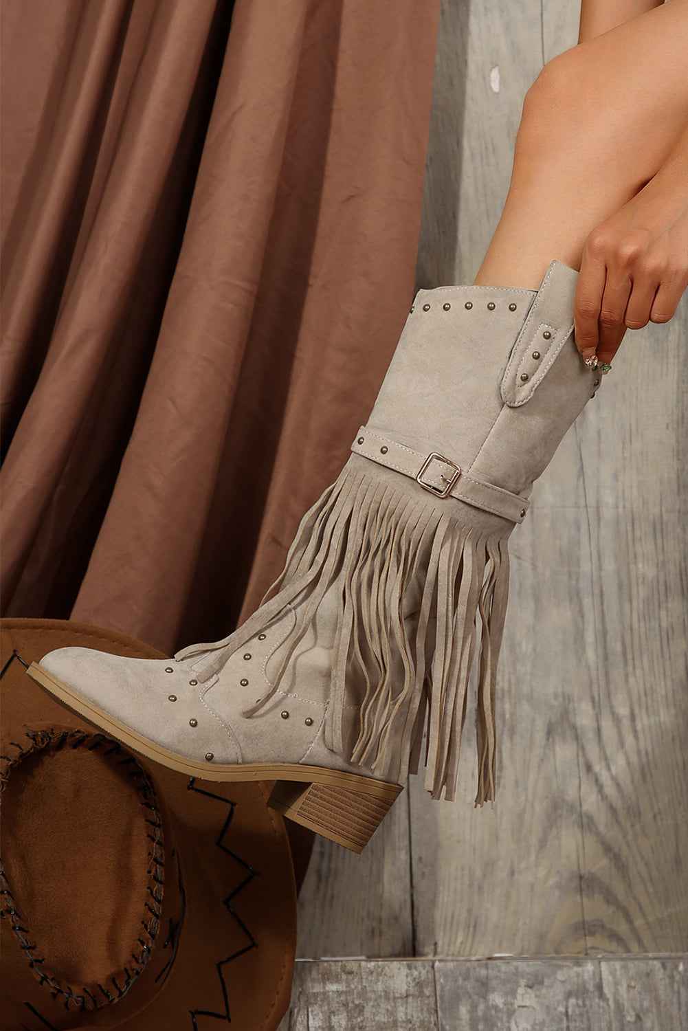 Jet Stream Faux Suede Studded Fringe Trim Heel Boots - Velvet Stardust Co.