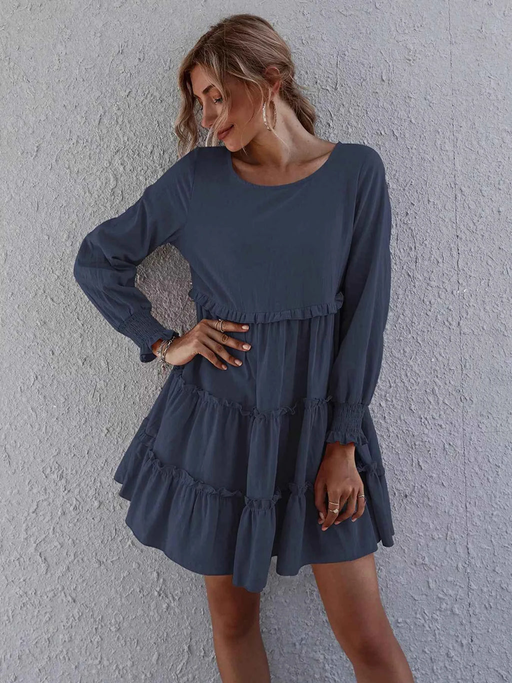 Ruffle Tiered Long Sleeve Mini Dress - Velvet Stardust Co.