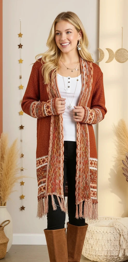 ADORA Full Size Fringe Hem Aztec Border Cardigan Plus Size - Velvet Stardust Co. - Velvet Stardust Co.