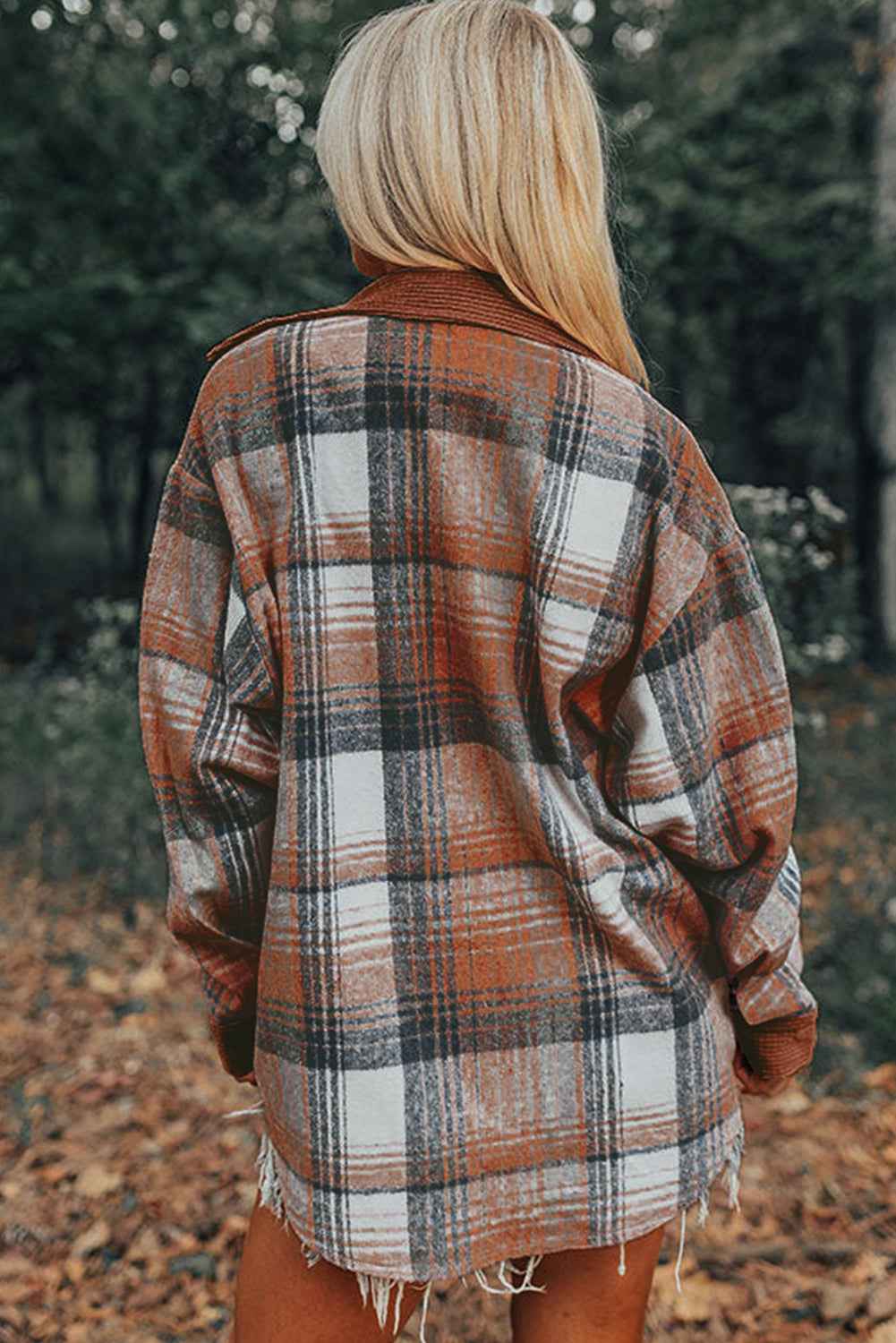 Cinnamon Plaid Corduroy Patchwork Pocket Loose Shacket - Velvet Stardust Co.