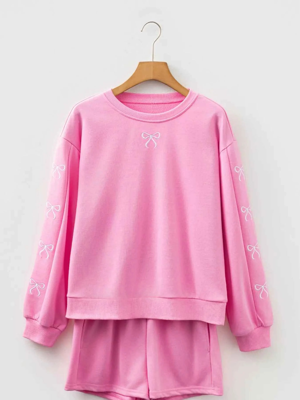 Bow Embroidered Sweatshirt and Shorts Set - Velvet Stardust Co.