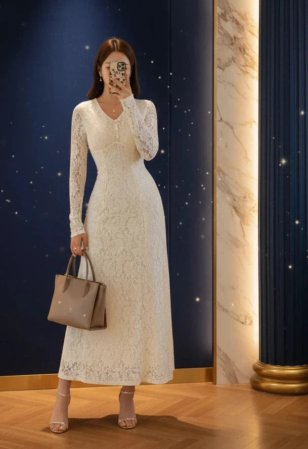 Lace V-Neck Long Sleeve Dress Velvet Stardust Co. - Velvet Stardust Co.