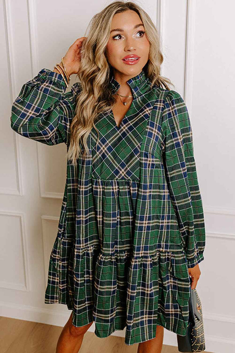 Green Plaid Print Frill Neck Long Sleeve Mini Dress