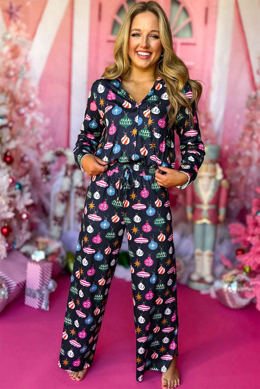 Navy Blue Colorful Christmas Lights Print Shirt and Pants Pajama Set - Velvet Stardust Co.