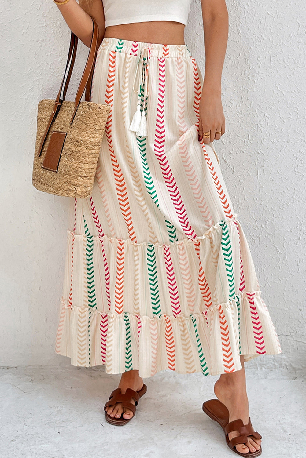 Multicolour Stripe Boho Tassel Tie Waist Tiered Maxi Skirt - Velvet Stardust Co.