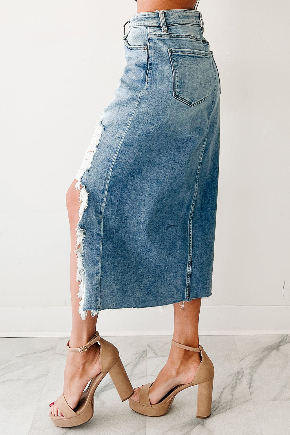 Myosotis Irregular Distressed Hem Denim Midi Skirt - Velvet Stardust Co.