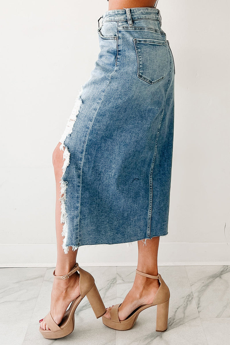 Myosotis Irregular Distressed Hem Denim Midi Skirt