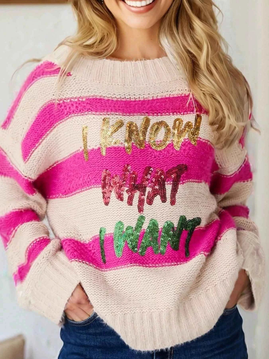 Sequin Pink Striped Letter Graphic Loose Sweater – Velvet Stardust Co. - Velvet Stardust Co.