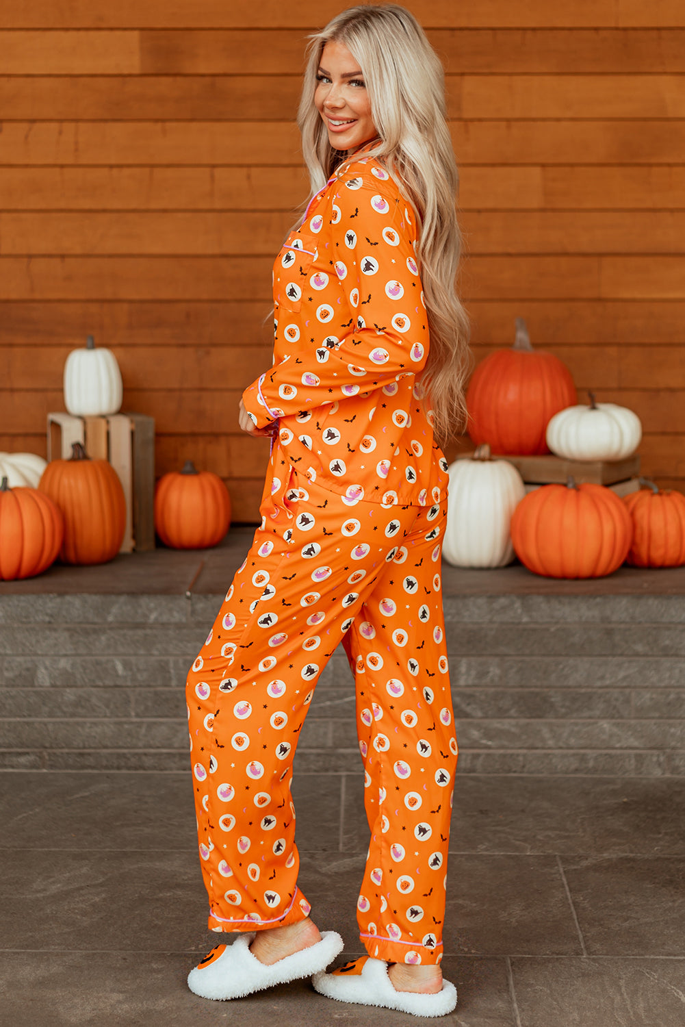 Orange Halloween Print Lapel Shirt Long 2pcs Pajama Set - Velvet Stardust Co.