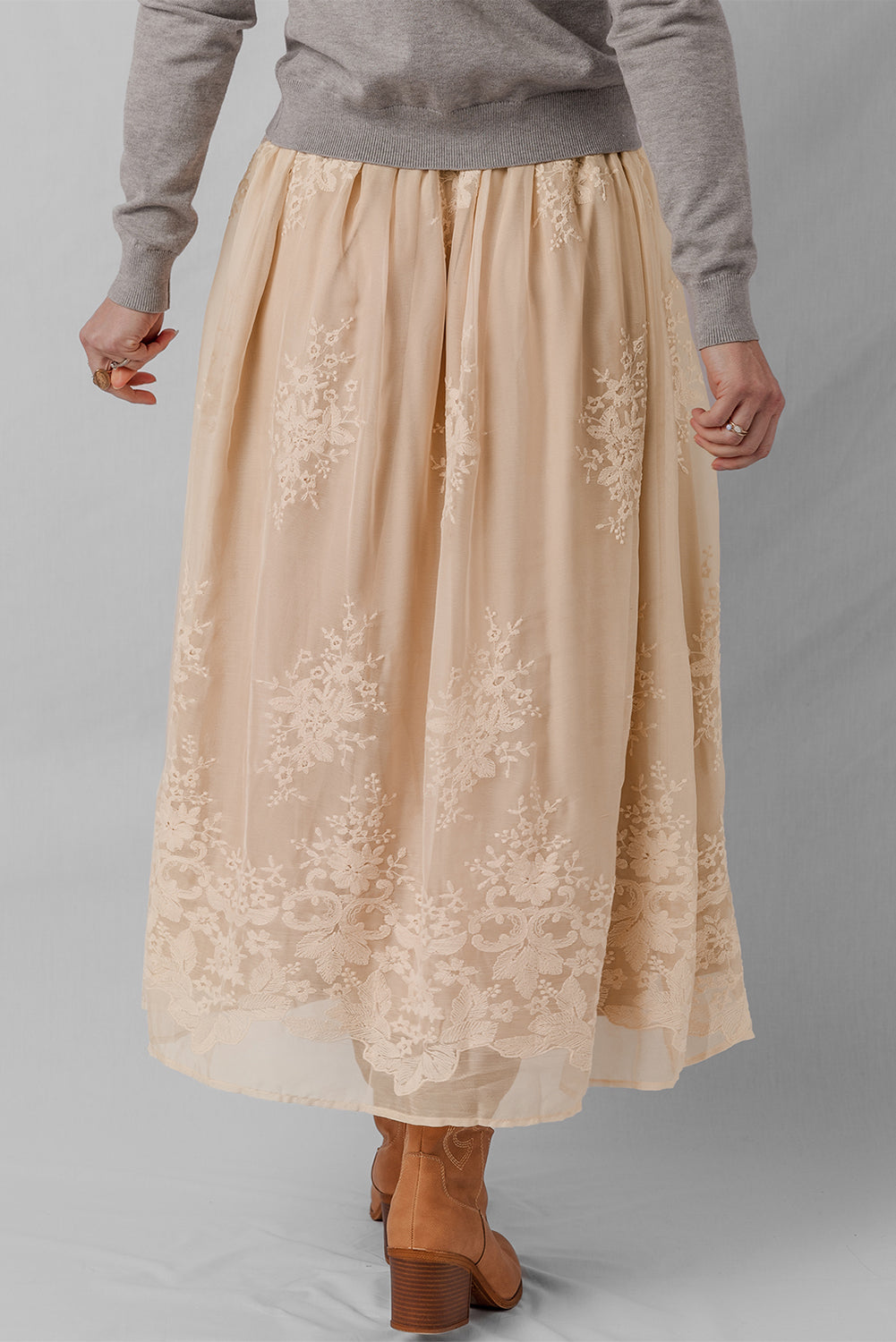 Oatmeal Embroidered Mesh Overlay Flowy Long Skirt - Velvet Stardust Co.