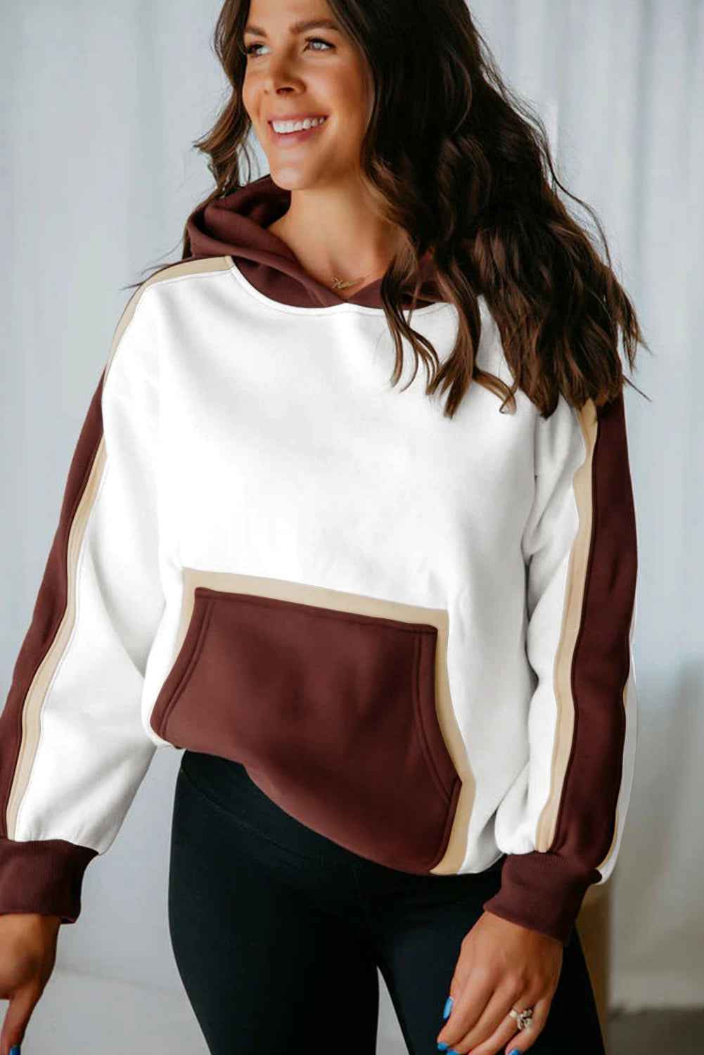 Coffee Colorblock Kangaroo Pocket Long Sleeve Hoodie - Velvet Stardust Co.