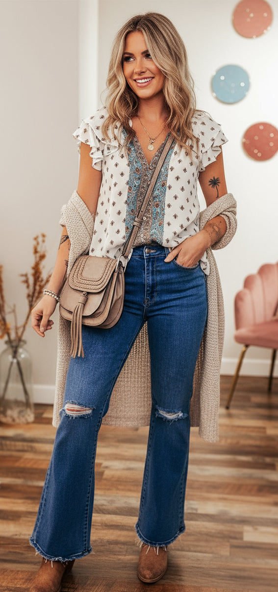 White Boho Pattern Tiered Ruffled Sleeve V Neck Buttoned Blouse