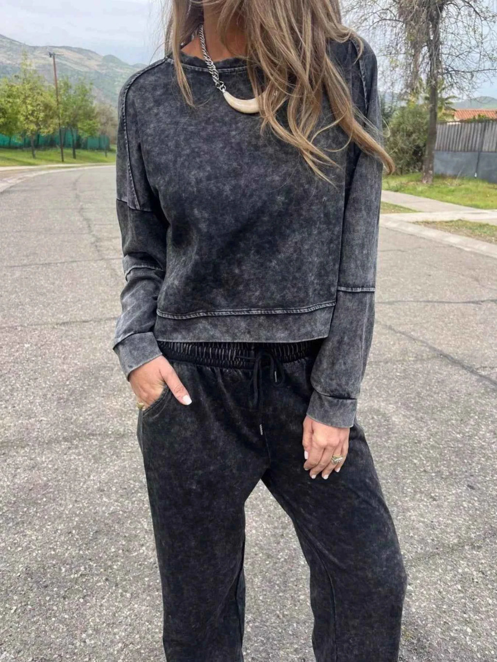 Full Size Washed Round Neck Top and Drawstring Pants Set Plus Size - Velvet Stardust Co.