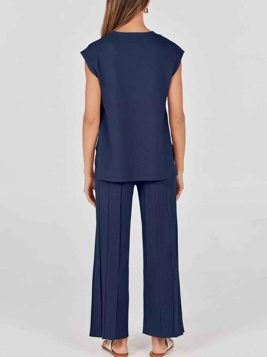 Casual Solid Color Cap Sleeve Top and Pants Knit Set