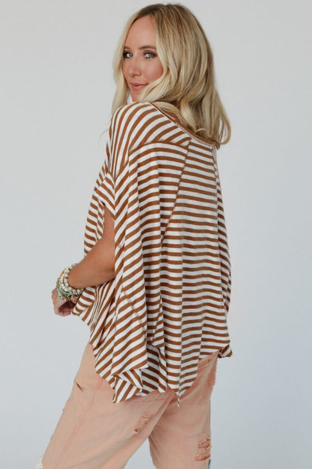 Khaki Stripe Batwing Sleeve Crewneck Oversized Top - Velvet Stardust Co. - Velvet Stardust Co.