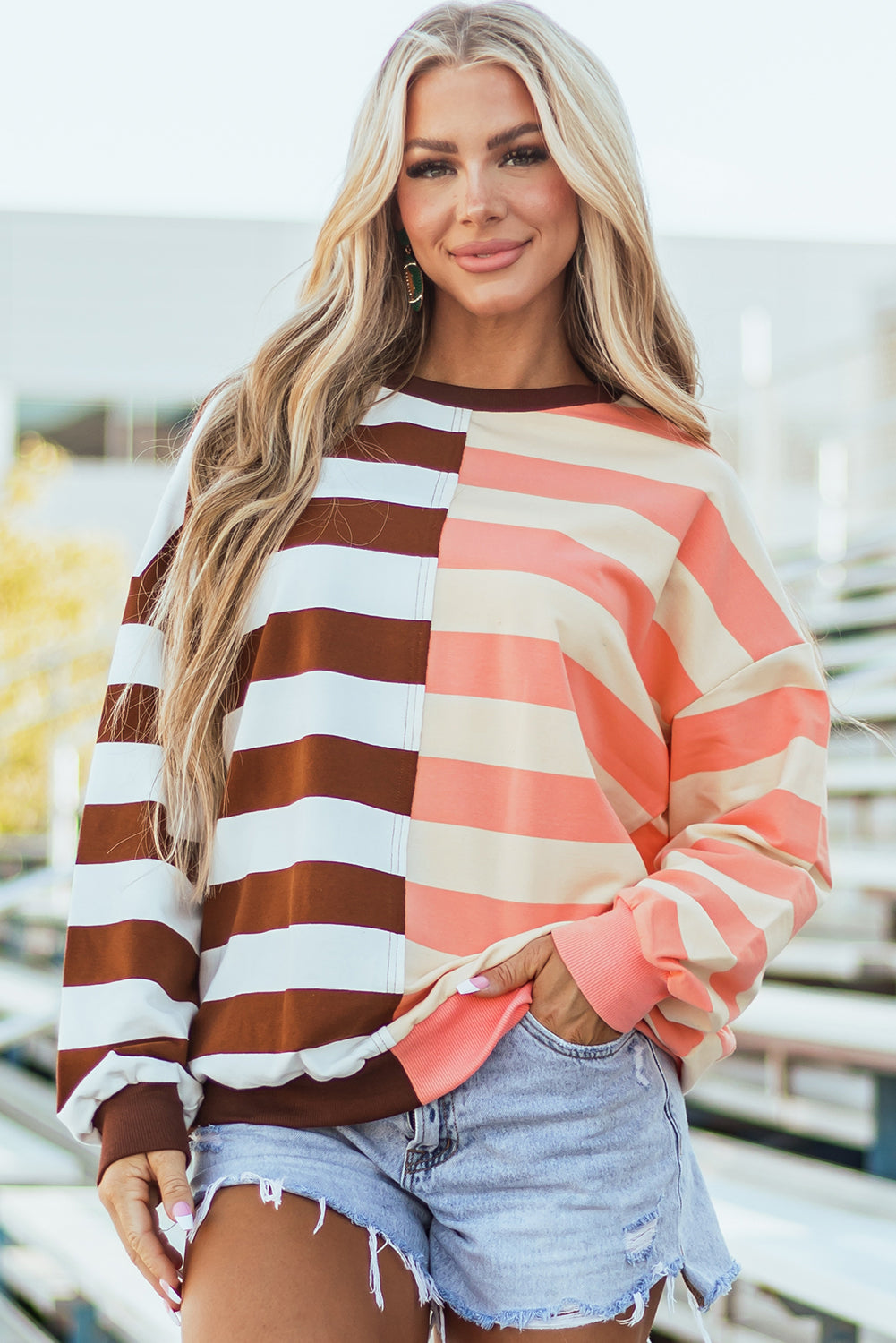 Brown Stripe Color Block Drop Shoulder Pullover Sweatshirt - Velvet Stardust Co.