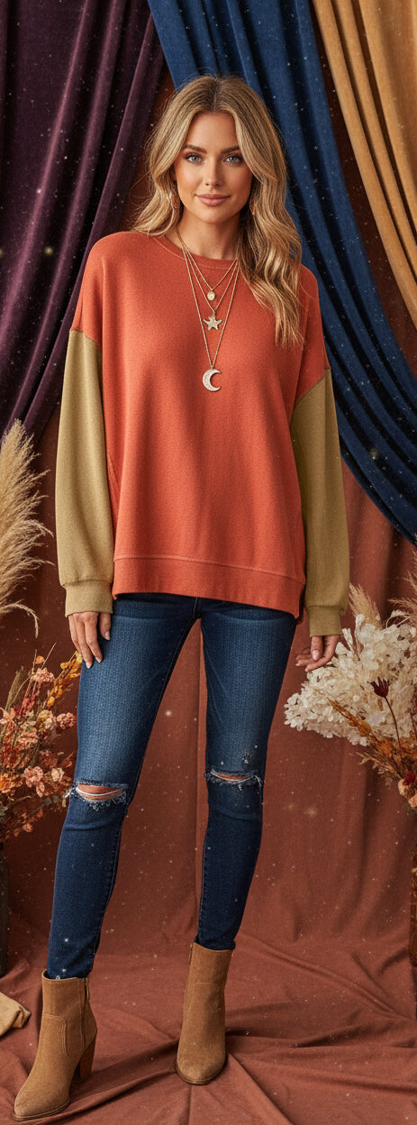 Gold Flame Two Tone Patchwork Drop Shoulder Pullover Sweatshirt