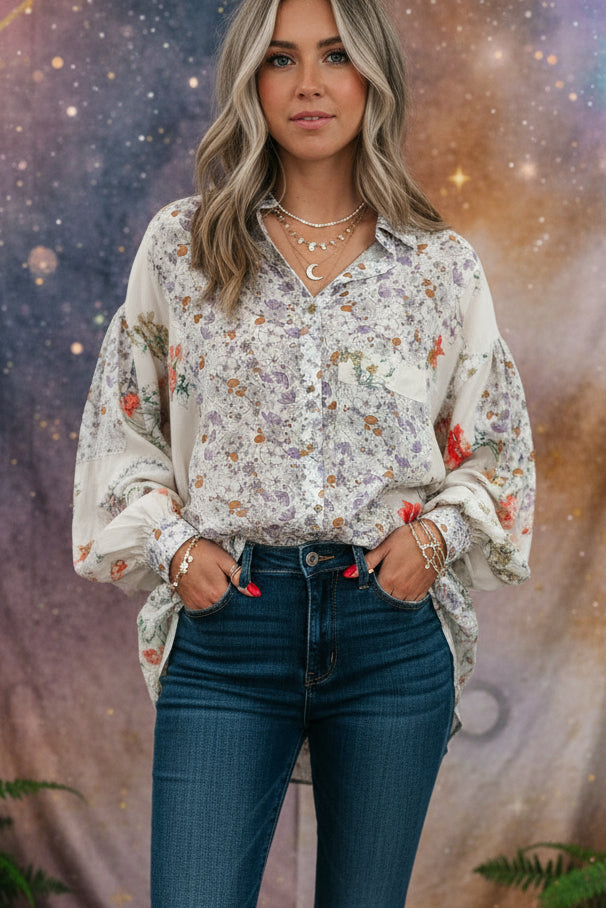 Purple Boho Floral Bishop Sleeve Button Up Loose Shirt