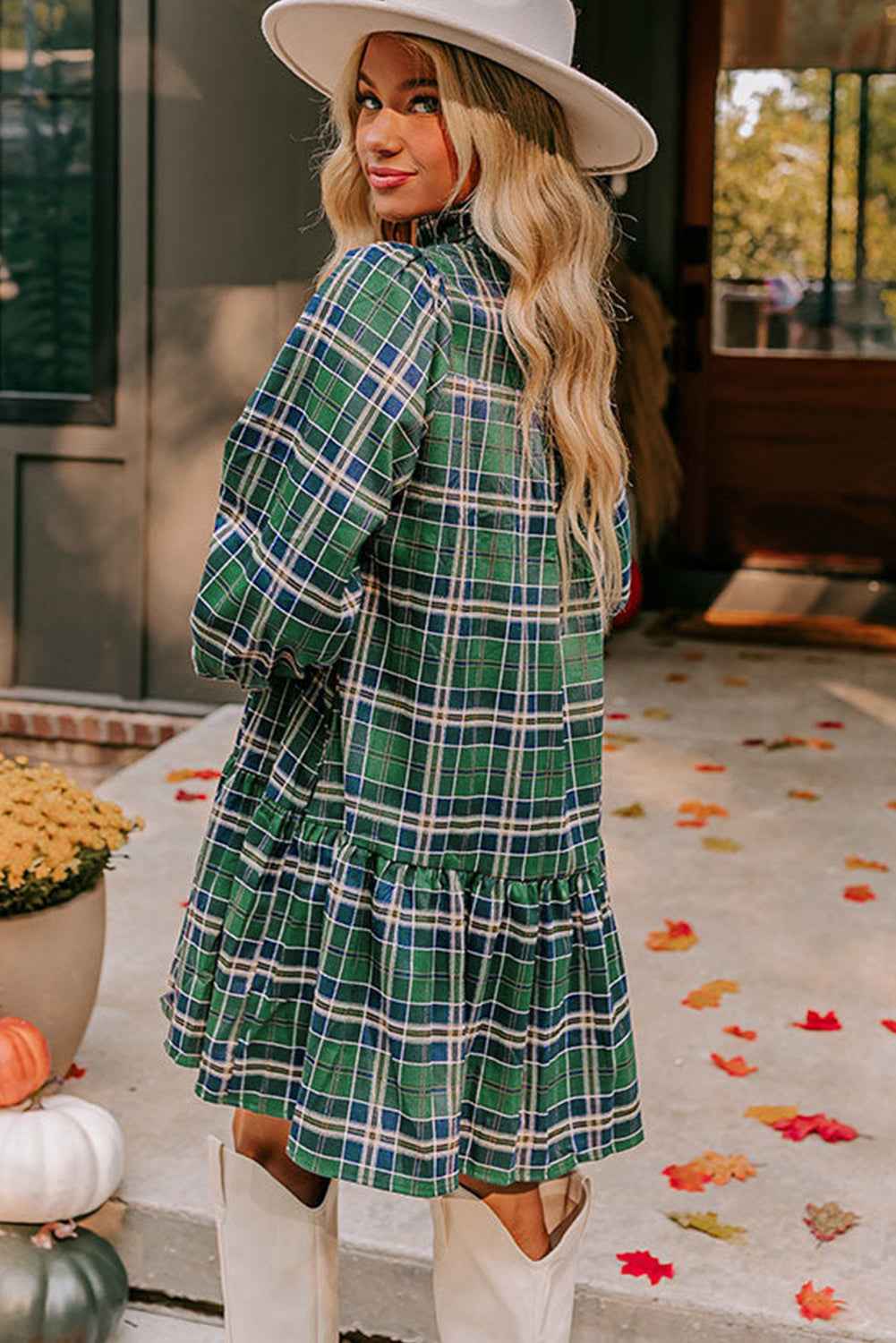 Green Plaid Print Frill Neck Long Sleeve Mini Dress - Velvet Stardust Co.
