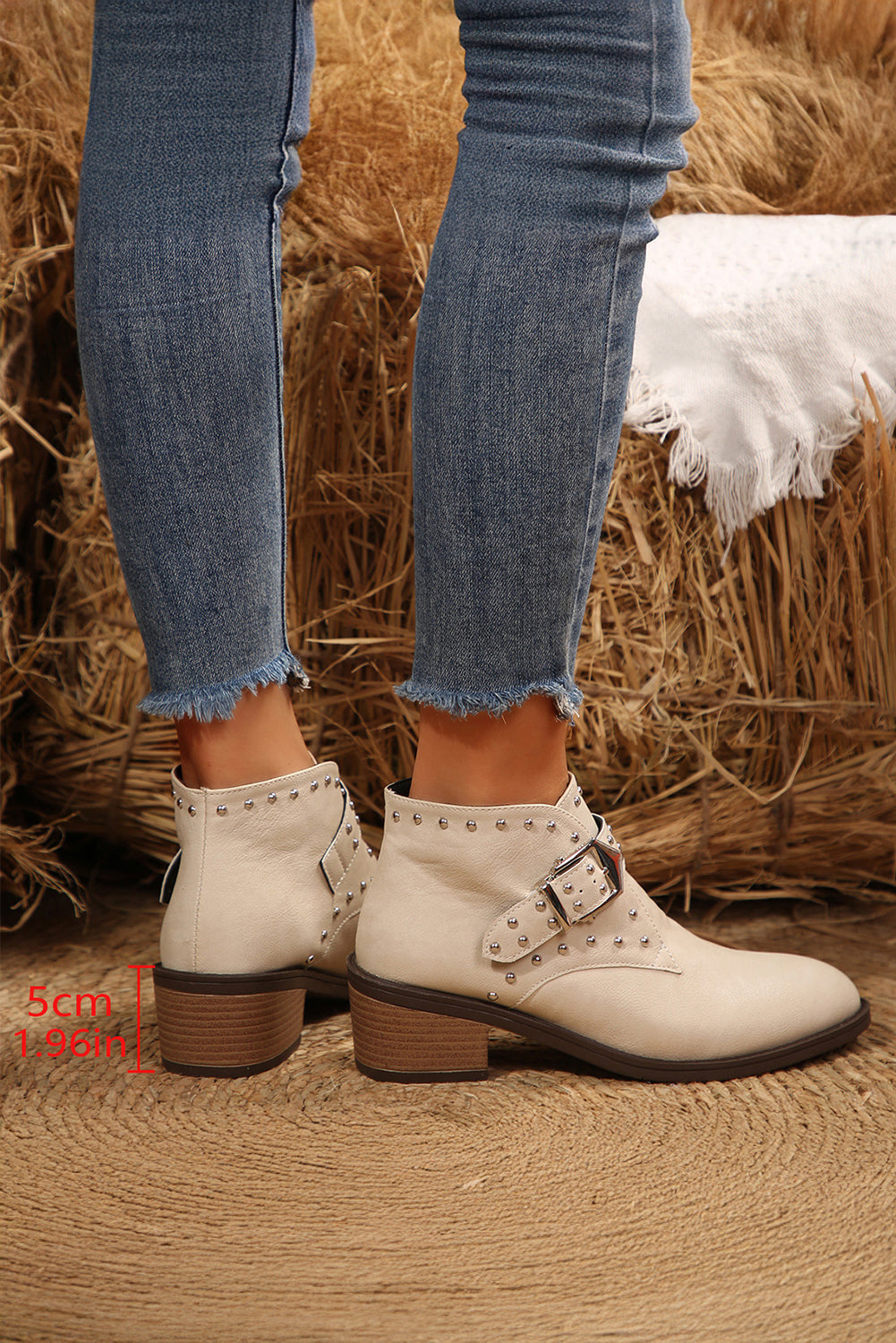 White Faux Leather Studded Pointed Toe Block Heel Ankle Boots - Velvet Stardust Co.