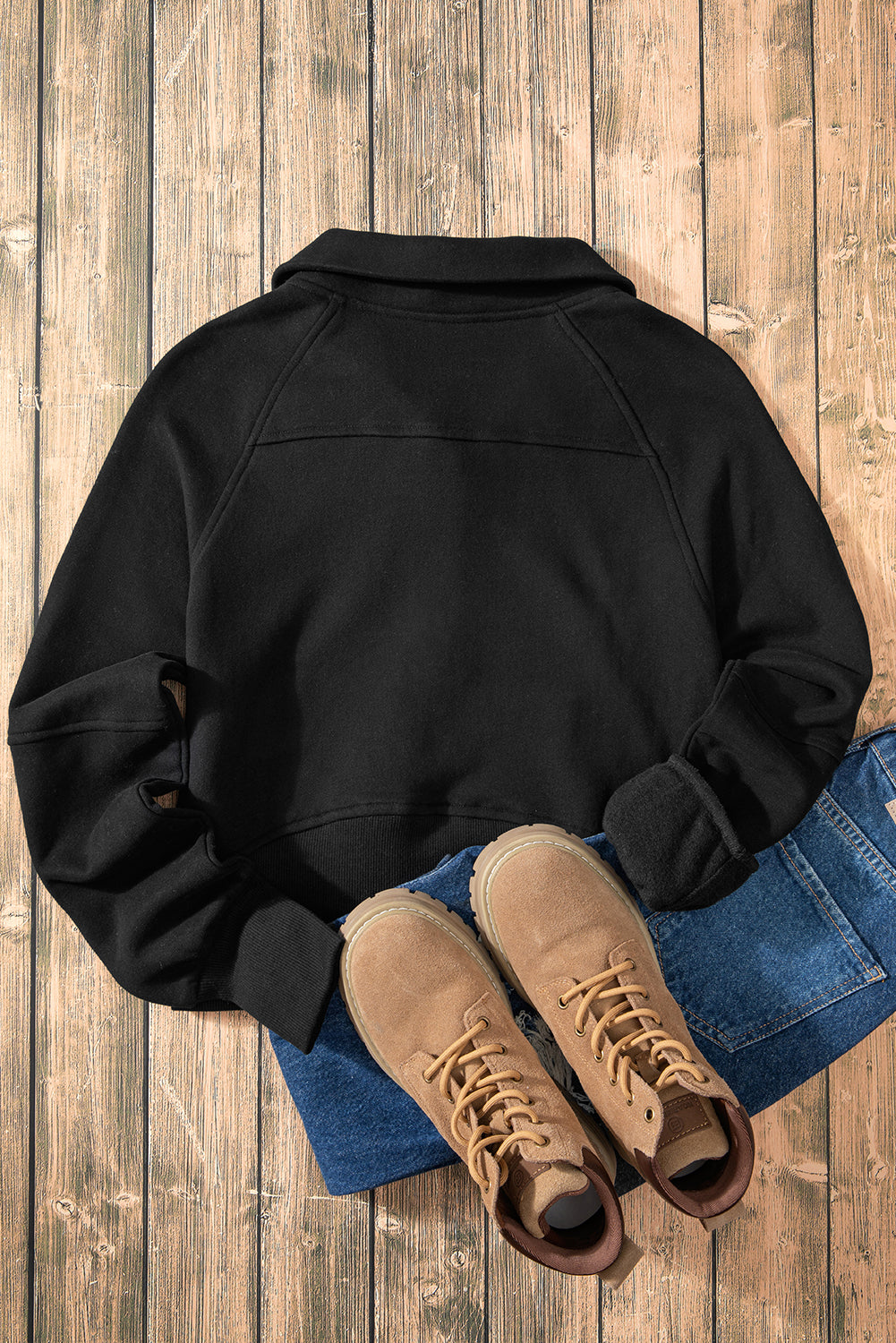 Black Fleece Lined Zip Up Stand Collar Thumbhole Sleeve Sweatshirt - Velvet Stardust Co.