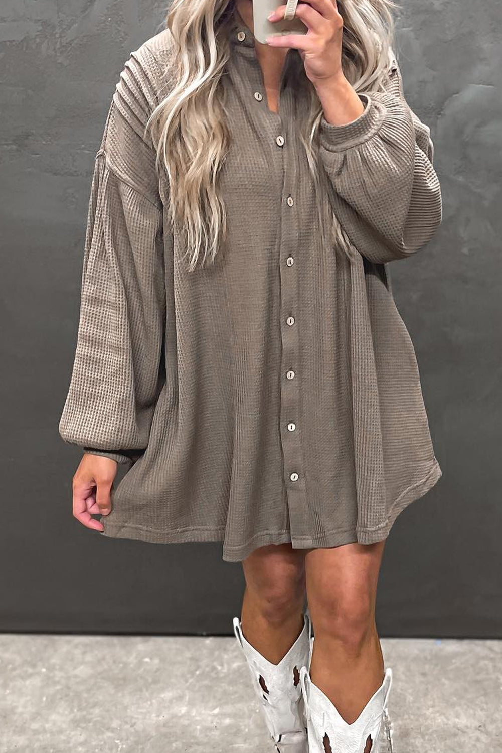 Simply Taupe Waffle Knit Shirt Tunic Mini Dress - Velvet Stardust Co.