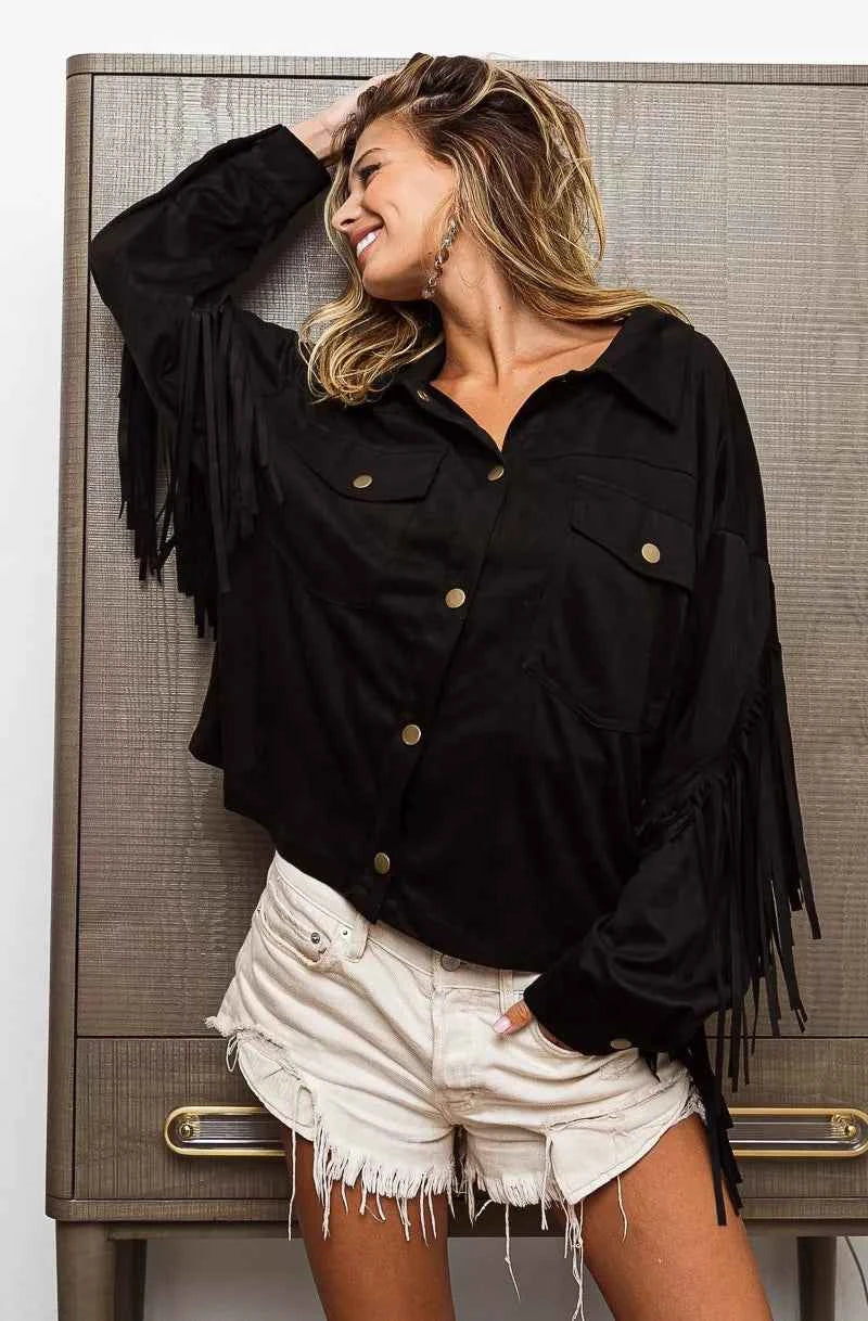 BiBi Suede Fringe Long Sleeve Jacket - Velvet Stardust Co.