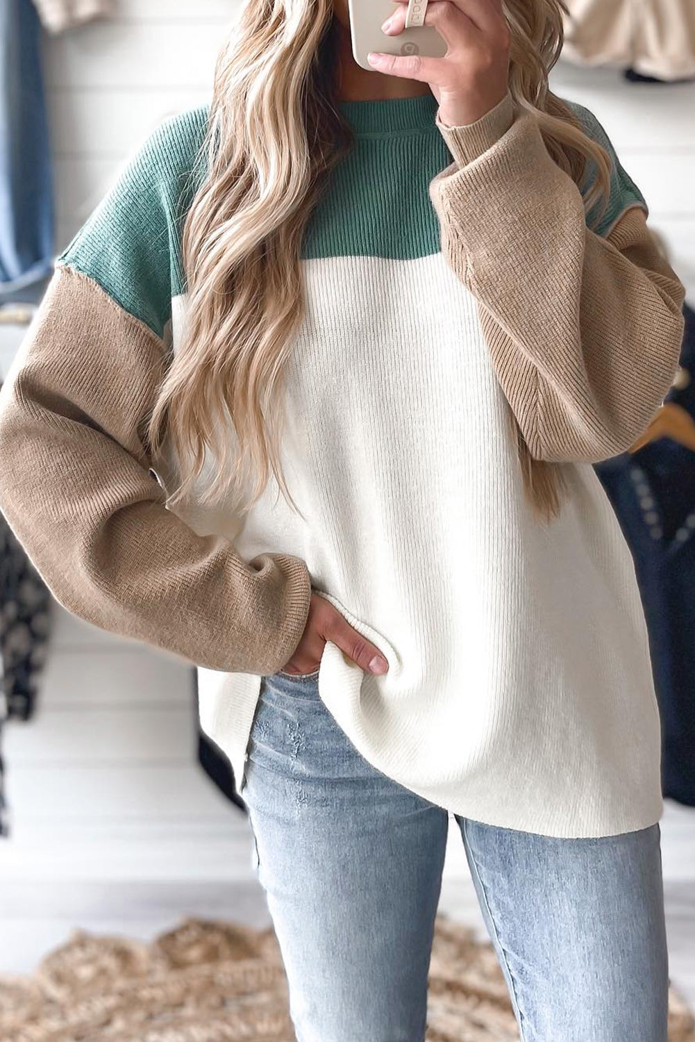 Green Colorblock Ribbed Knit Baggy Sweater - Velvet Stardust Co.