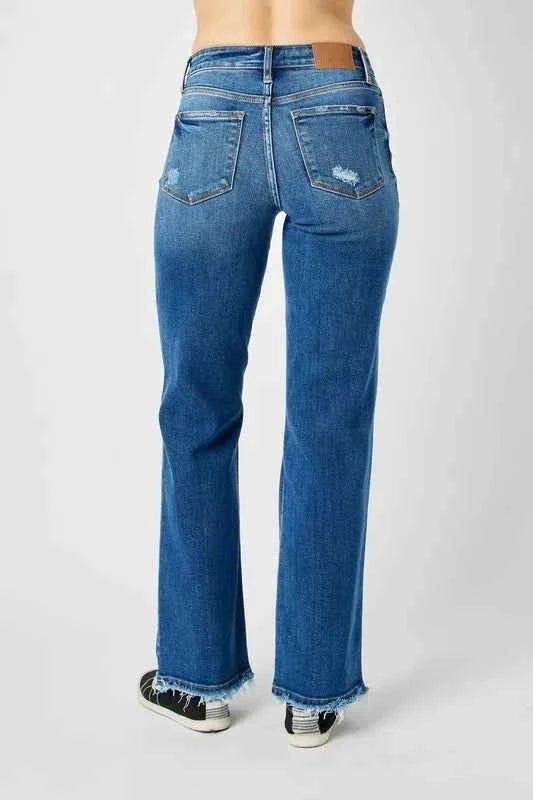 Judy Blue Full Size Mid Rise Distressed Raw Hem Jeans – Velvet Stardust Co. - Velvet Stardust Co.