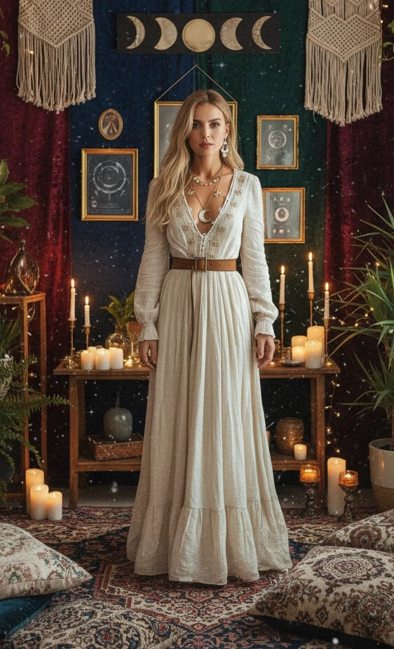 Deep V-Neck Long Sleeve Maxi Dress