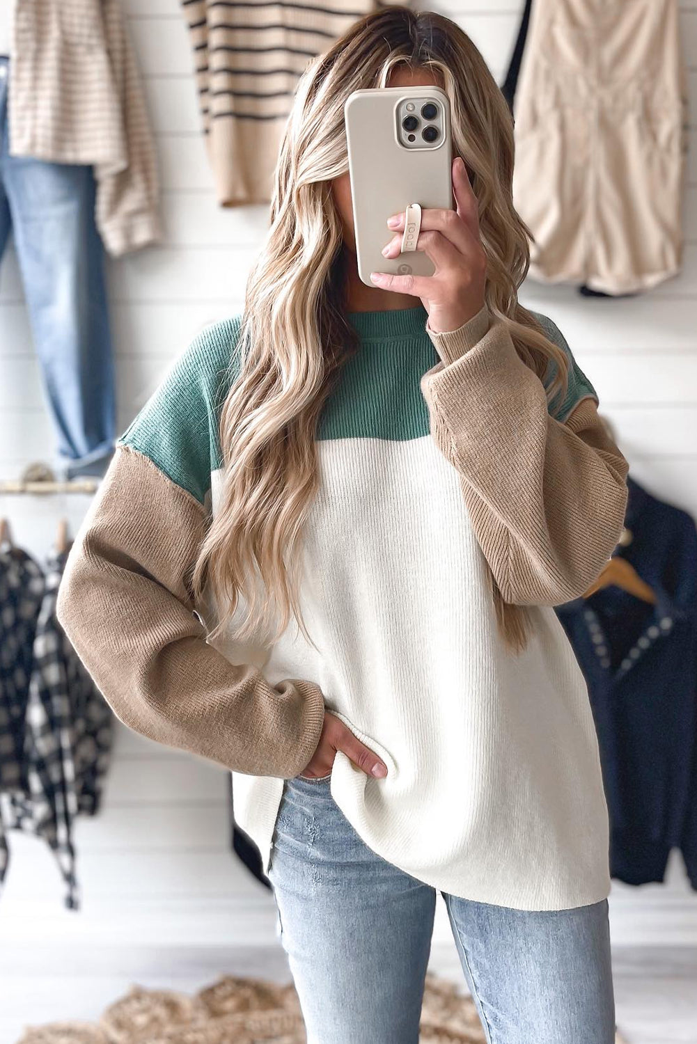 Green Colorblock Ribbed Knit Baggy Sweater - Velvet Stardust Co.