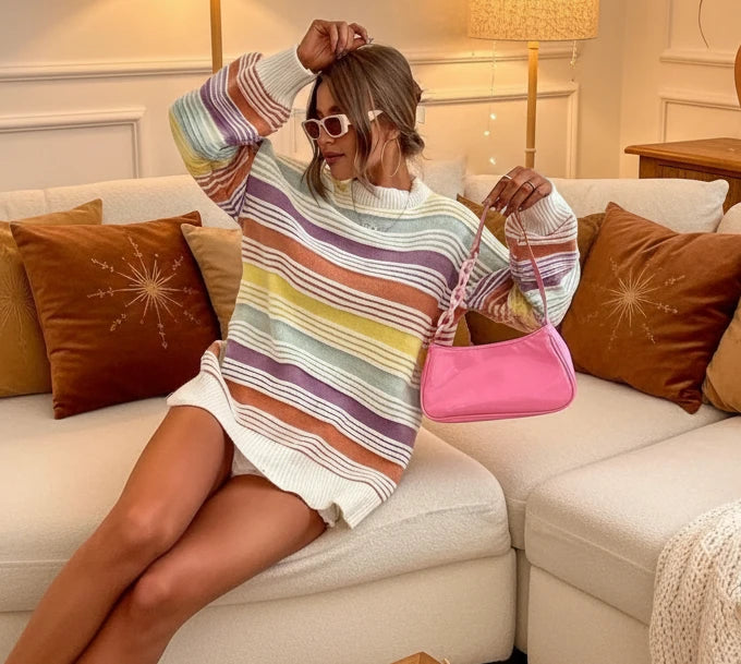 Rainbow Striped Drop Shoulder Oversized Sweater - Velvet Stardust Co.