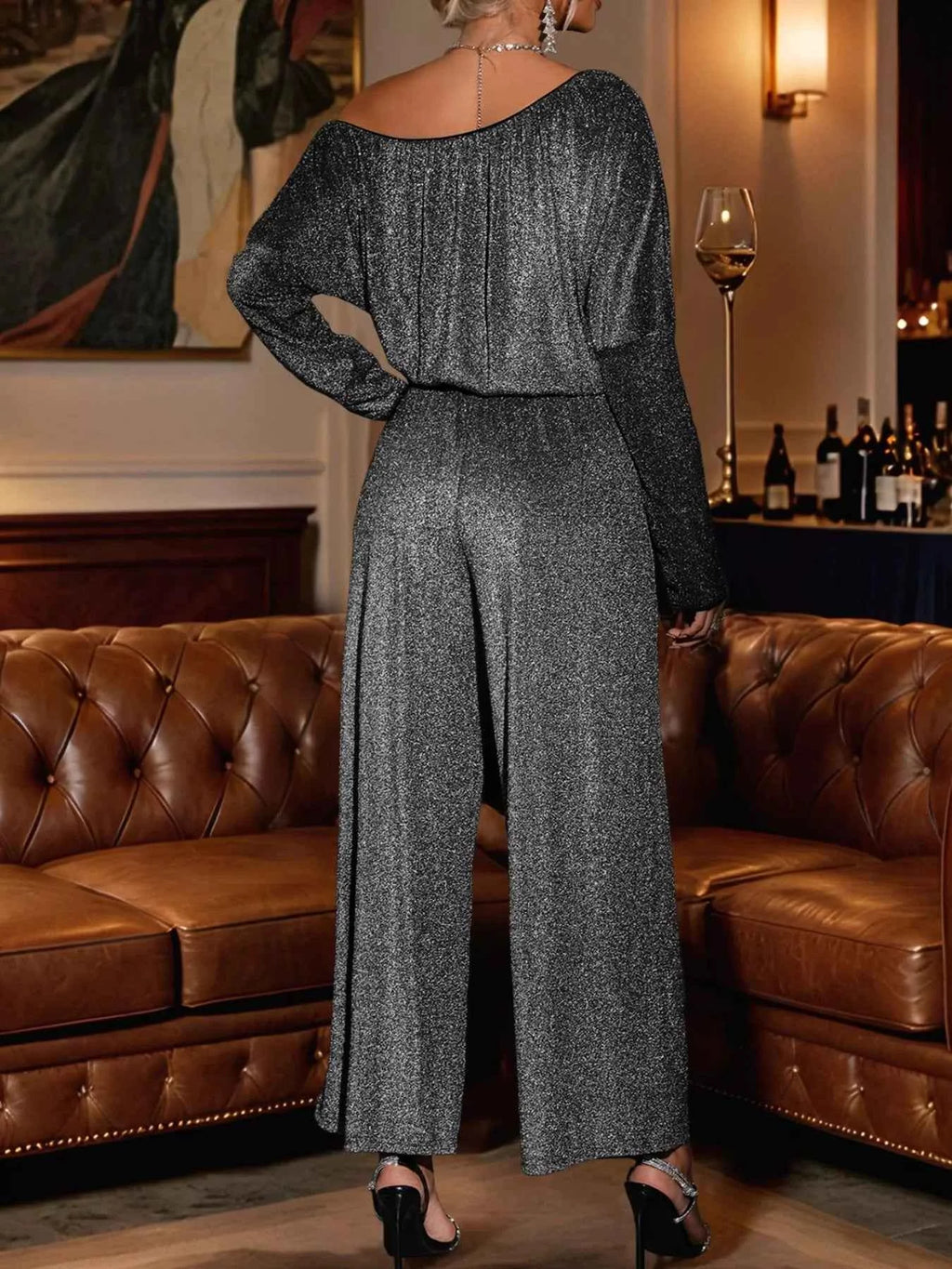Glitter One Shoulder Long Sleeve Wide Leg Jumpsuit