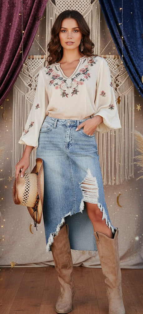 Distressed Irregular Hem Denim Midi Skirt – Vintage Soft-Worn Look