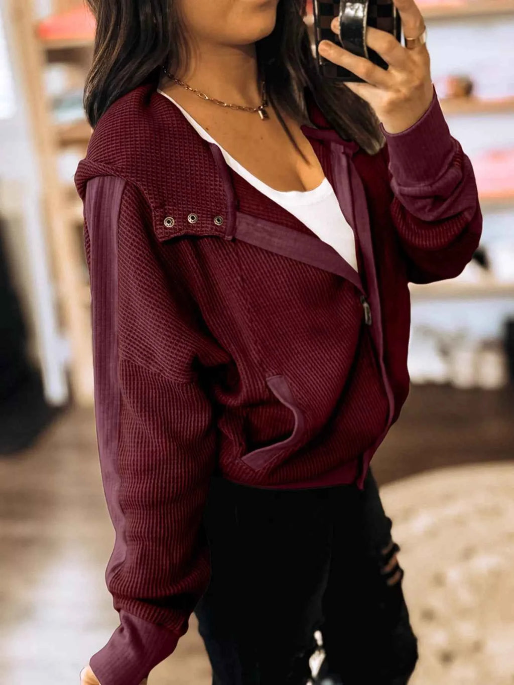 Waffle Zip Up Hooded Jacket with Pockets -Velvet Stardust Co. - Velvet Stardust Co.