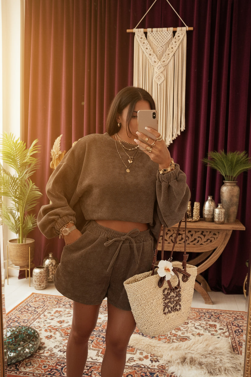 Dark Brown Textured Knit Drop Shoulder Pullover Drawstring Shorts Set- Velvet Stardust Co.