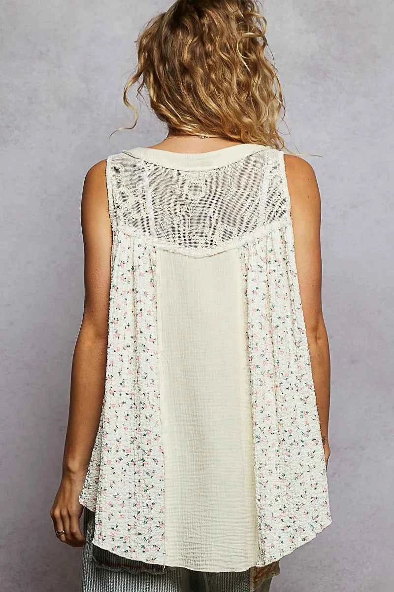 POL Floral Print Button-Front Lace Patchwork Tank Top - Velvet Stardust Co. - Velvet Stardust Co.