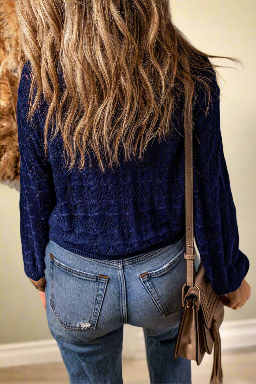 Blue Lightweight Buttoned Front Crochet Cardigan - Velvet Stardust Co.
