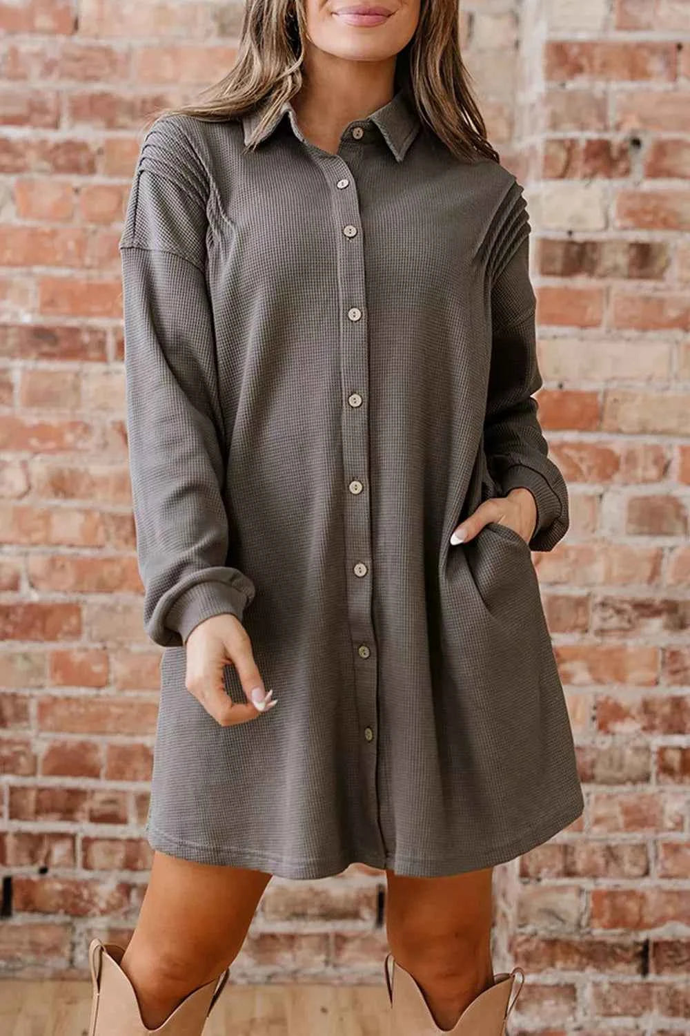 Waffle Knit Shirt Tunic Dress