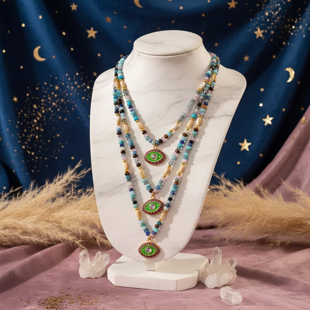 Zircon Bead Evil Eye Pendant Necklace - Velvet Stardust Co.