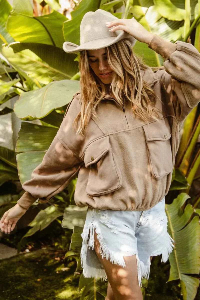 BiBi Half Zip Vintage Washed Fleece Pullover - Velvet Stardust Co.