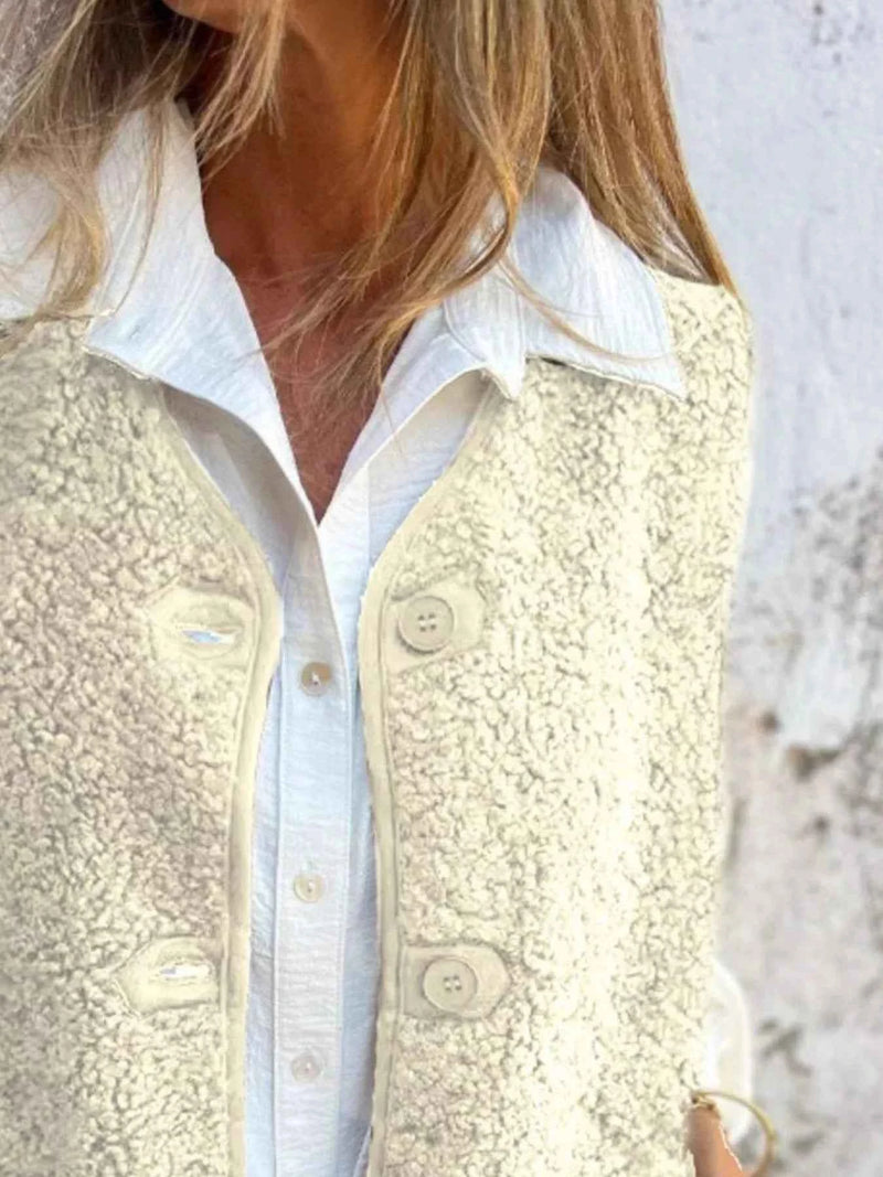 Full Size Cozy Sherpa Fleece Button-Up Vest Coat with Pockets Plus Size