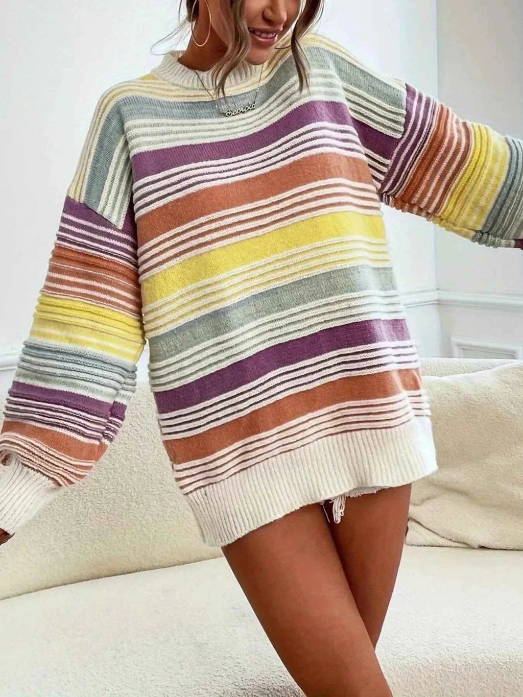 Rainbow Striped Drop Shoulder Oversized Sweater - Velvet Stardust Co.