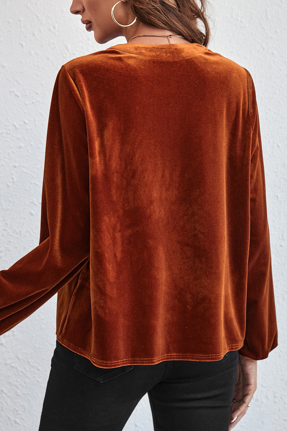 Gold Flame Lantern Sleeve Beaded Split V Neck Velvet Top - Velvet Stardust Co.
