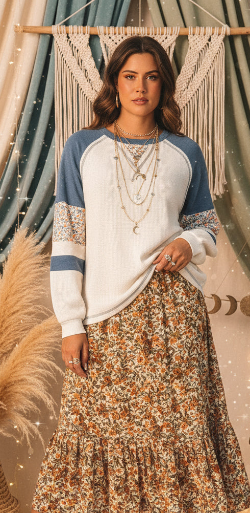 White Floral Patchwork Waffle Knit Raglan Top