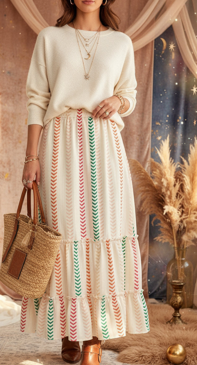 Multicolour Stripe Boho Tassel Tie Waist Tiered Maxi Skirt - Velvet Stardust Co.