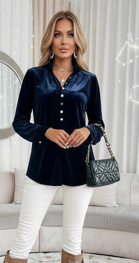 Velvet Button Front Long Sleeve Blouse