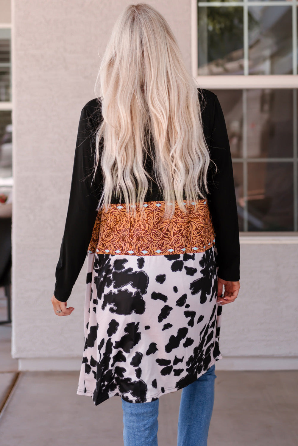 Black Western Pattern Cow Patchwork Open Front Cardigan - Velvet Stardust Co.
